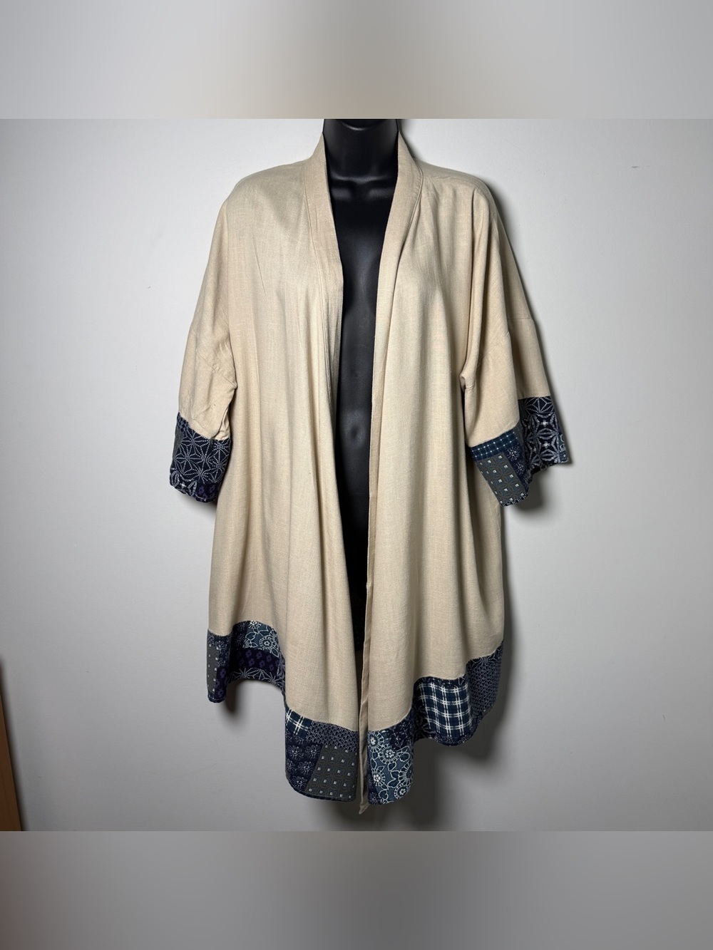 Coofandy Men’s Japandi Patchwork Indigo Kimono Linen Blend Cardigan — Size XL